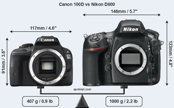 Size Canon 100D vs Nikon D800