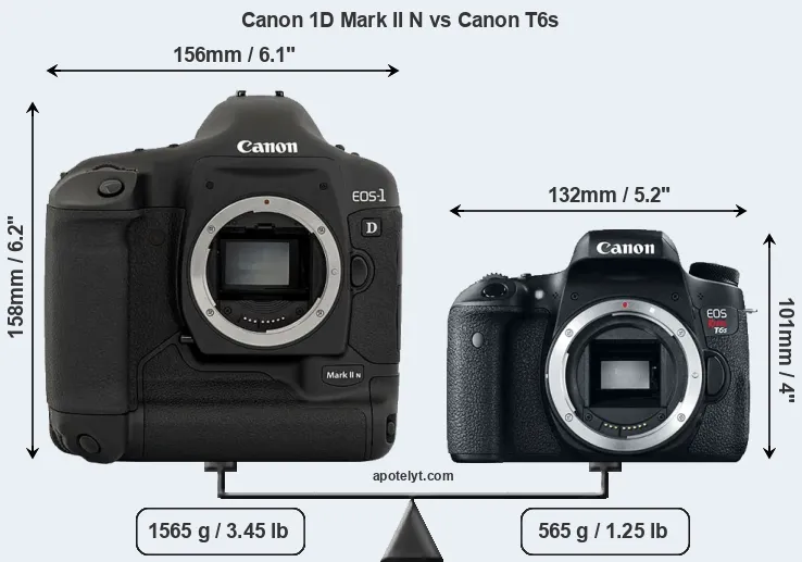 Size Canon 1D Mark II N vs Canon T6s