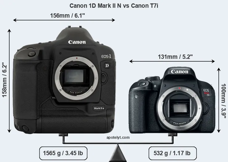 Size Canon 1D Mark II N vs Canon T7i