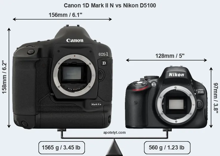 Size Canon 1D Mark II N vs Nikon D5100