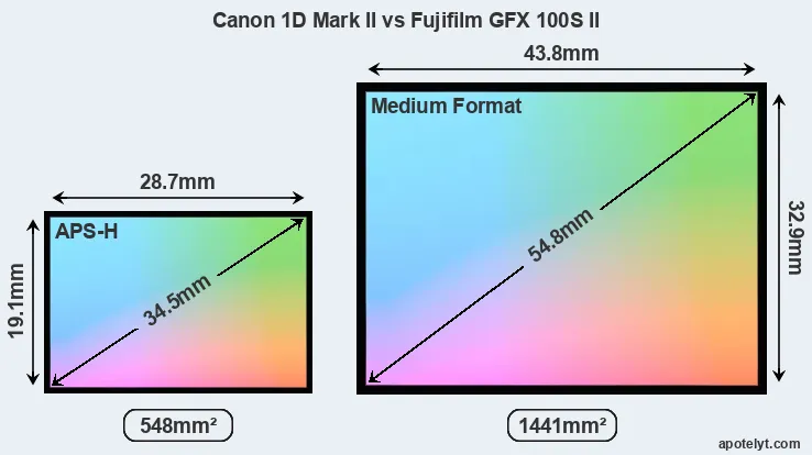 Canon 1D Mark II and Fujifilm GFX 100S II sensor measures