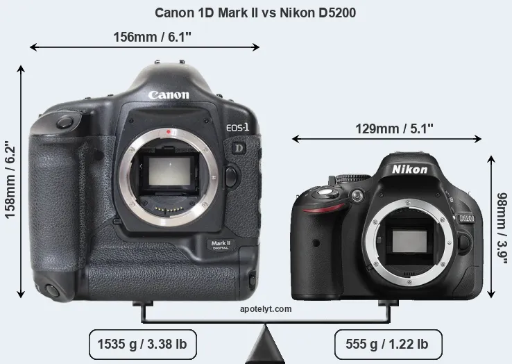 Size Canon 1D Mark II vs Nikon D5200