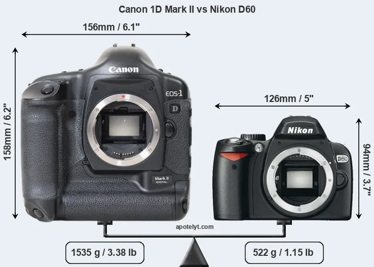 Size Canon 1D Mark II vs Nikon D60
