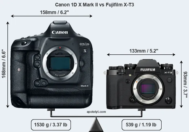 Size Canon 1D X Mark II vs Fujifilm X-T3