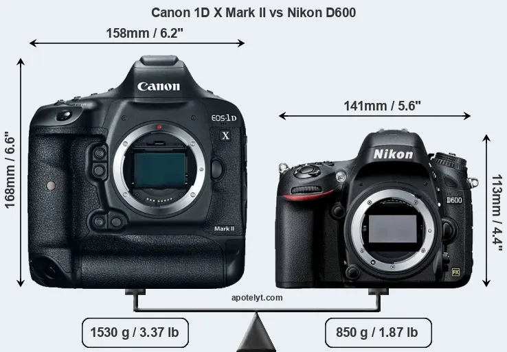 Size Canon 1D X Mark II vs Nikon D600