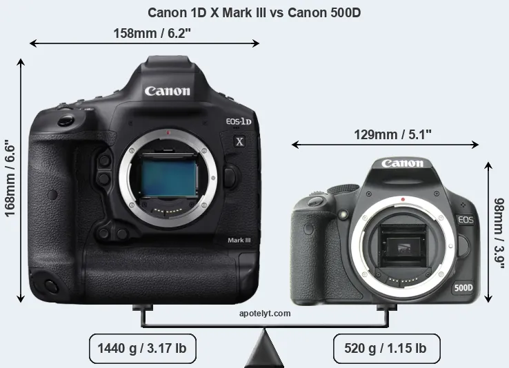Size Canon 1D X Mark III vs Canon 500D