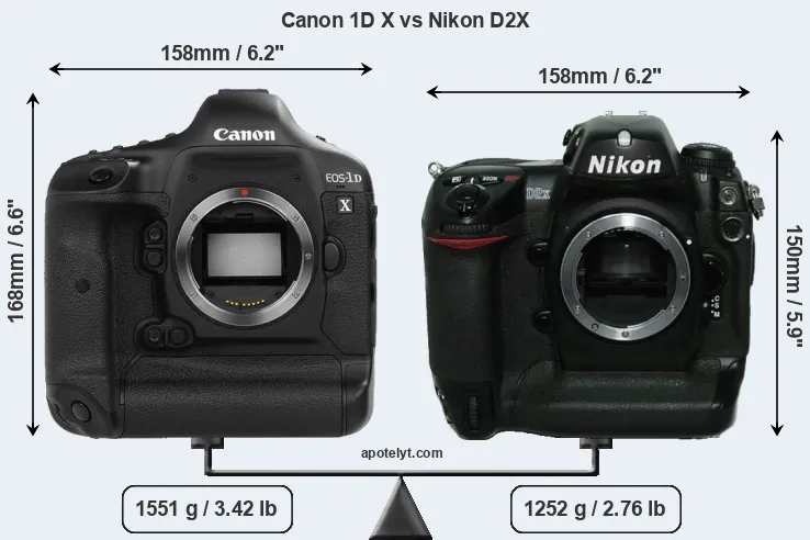 Size Canon 1D X vs Nikon D2X