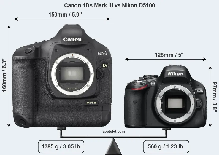 Size Canon 1Ds Mark III vs Nikon D5100