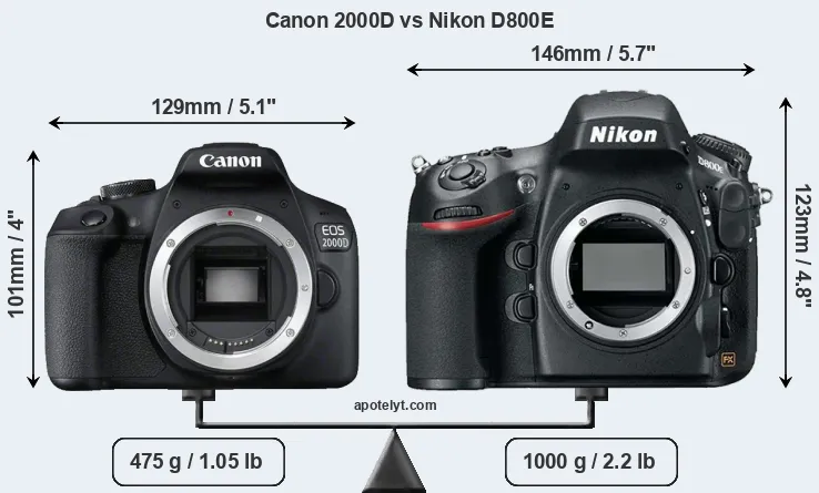 Size Canon 2000D vs Nikon D800E