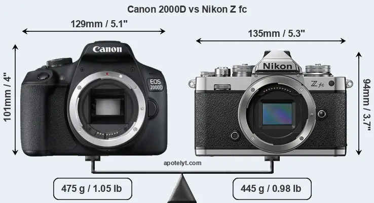 Size Canon 2000D vs Nikon Z fc