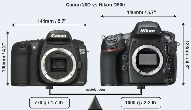 Size Canon 20D vs Nikon D800