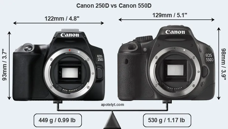Size Canon 250D vs Canon 550D