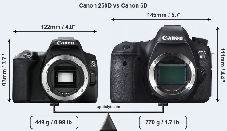 Size Canon 250D vs Canon 6D
