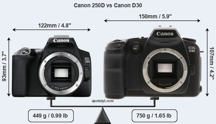 Size Canon 250D vs Canon D30