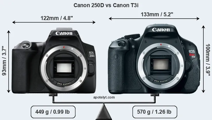 Size Canon 250D vs Canon T3i
