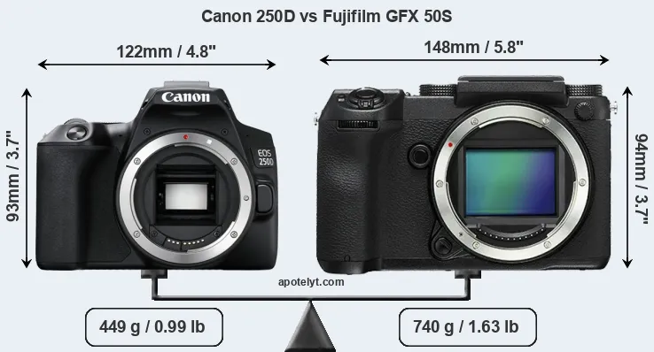 Size Canon 250D vs Fujifilm GFX 50S
