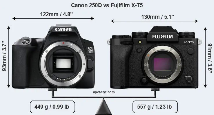 Size Canon 250D vs Fujifilm X-T5