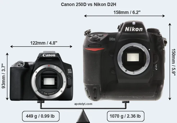 Size Canon 250D vs Nikon D2H