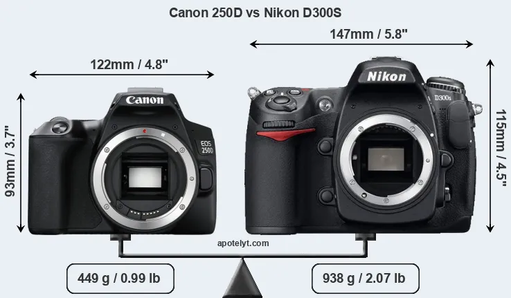 Size Canon 250D vs Nikon D300S