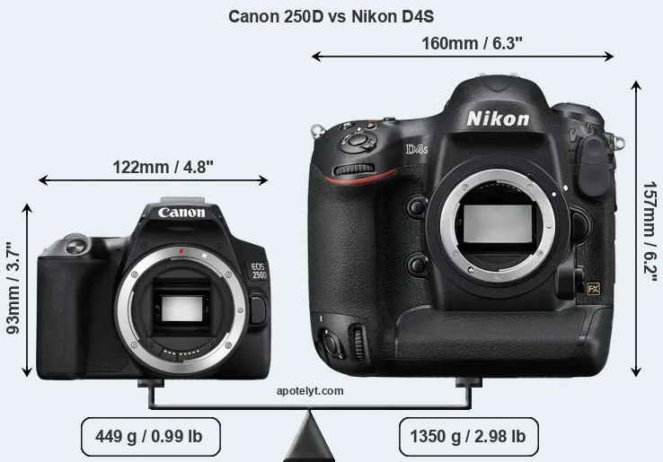 Size Canon 250D vs Nikon D4S