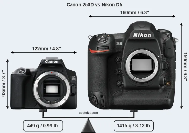 Size Canon 250D vs Nikon D5