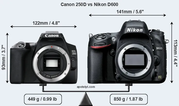 Size Canon 250D vs Nikon D600