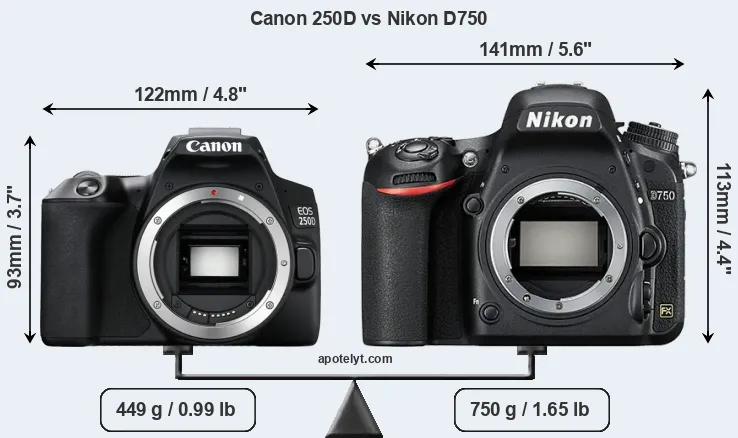 Size Canon 250D vs Nikon D750