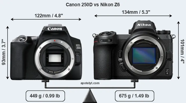 Size Canon 250D vs Nikon Z6
