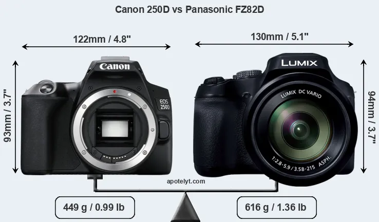 Size Canon 250D vs Panasonic FZ82D