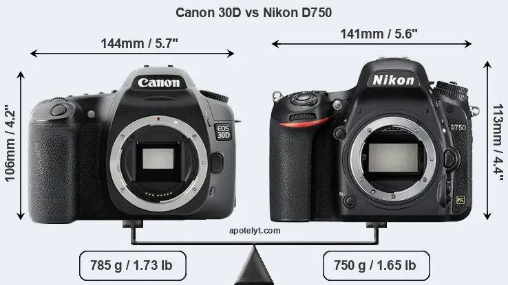 Size Canon 30D vs Nikon D750