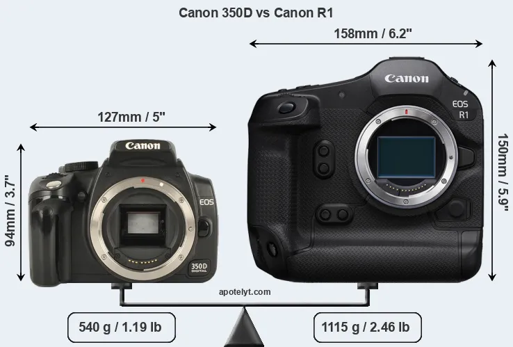 Size Canon 350D vs Canon R1