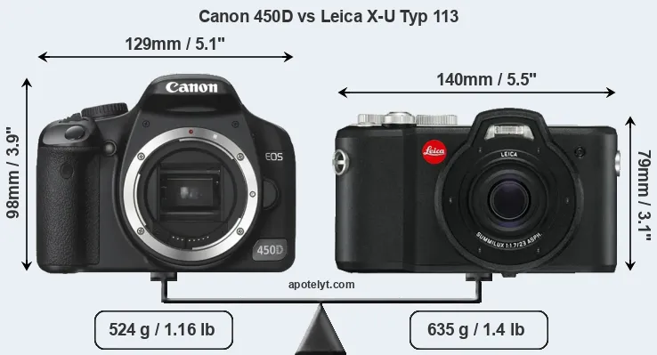 Size Canon 450D vs Leica X-U Typ 113