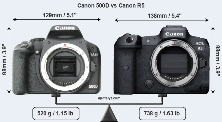 Size Canon 500D vs Canon R5