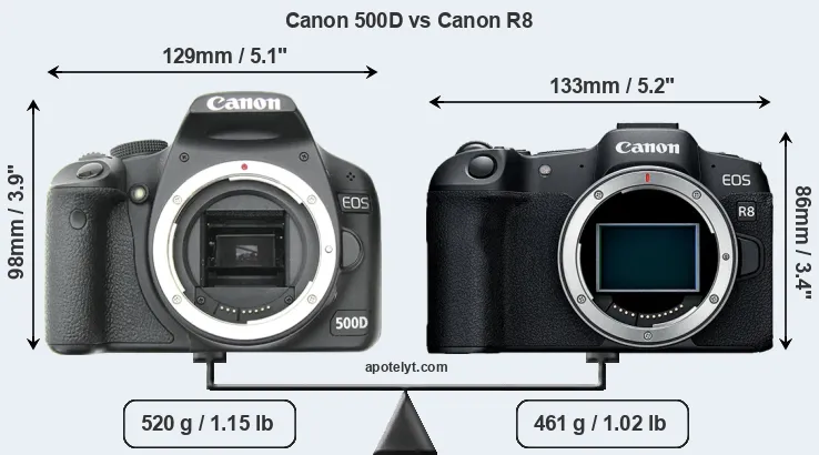 Size Canon 500D vs Canon R8