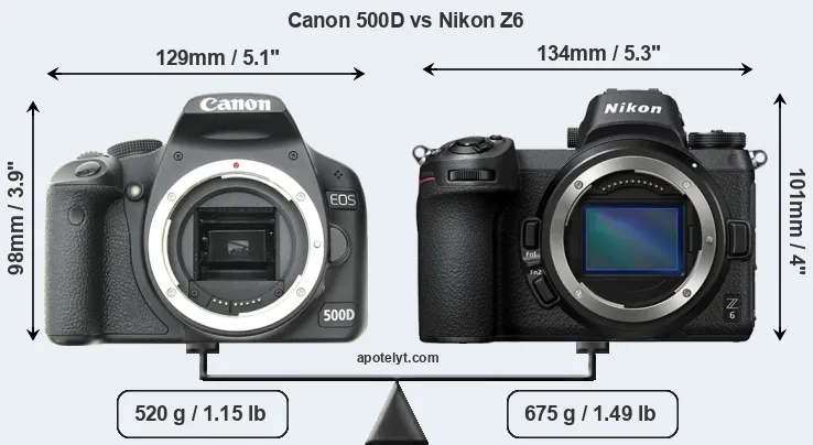 Size Canon 500D vs Nikon Z6