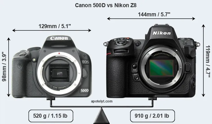 Size Canon 500D vs Nikon Z8
