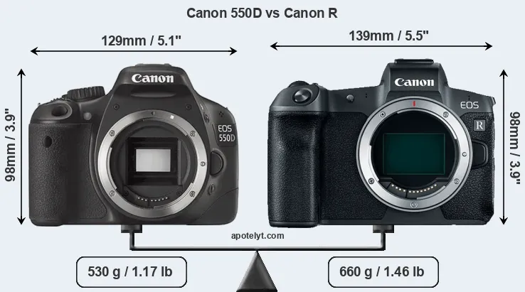 Size Canon 550D vs Canon R
