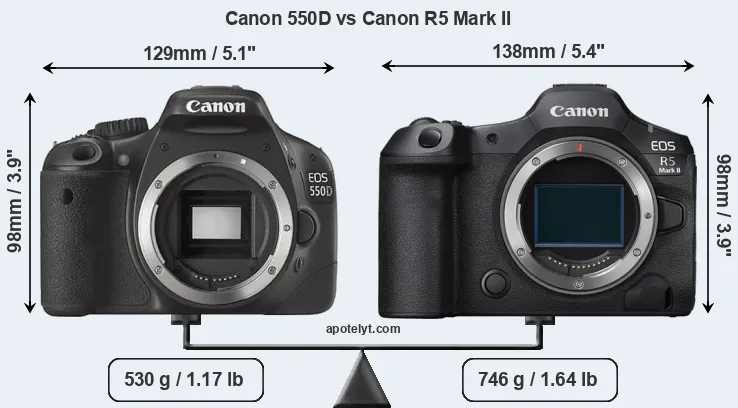 Size Canon 550D vs Canon R5 Mark II