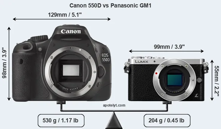 Size Canon 550D vs Panasonic GM1