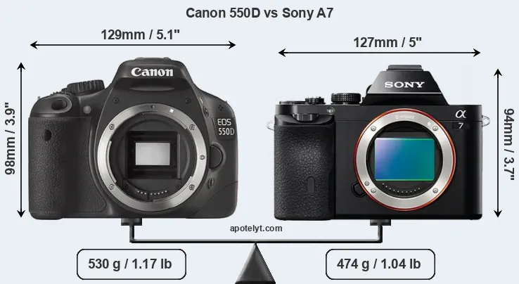 Size Canon 550D vs Sony A7