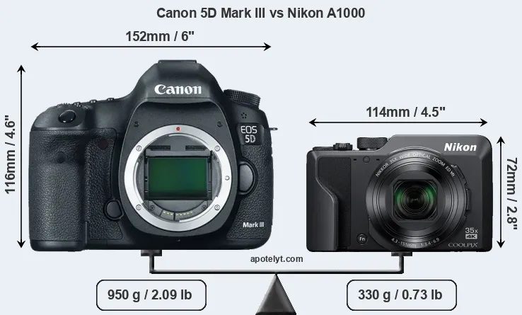 Size Canon 5D Mark III vs Nikon A1000