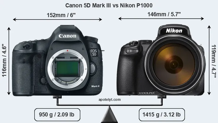 Size Canon 5D Mark III vs Nikon P1000