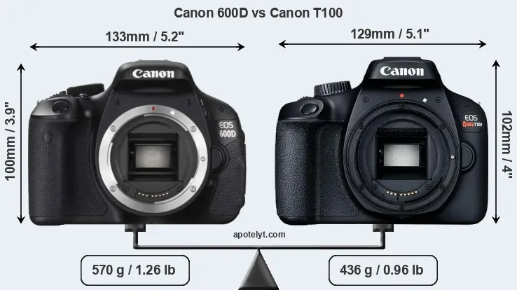Size Canon 600D vs Canon T100