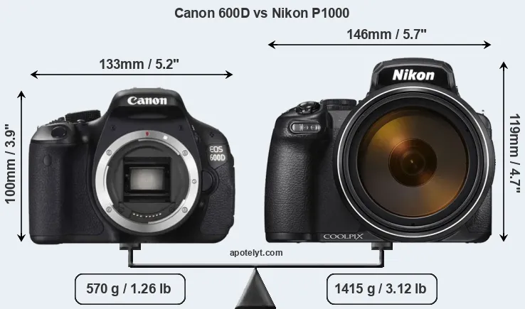 Size Canon 600D vs Nikon P1000