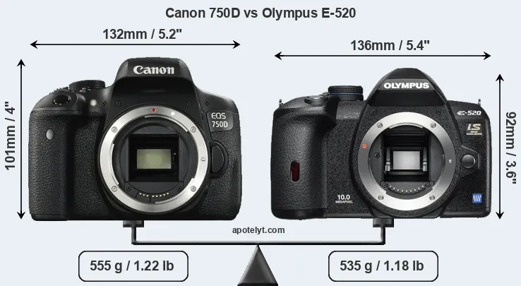 Size Canon 750D vs Olympus E-520