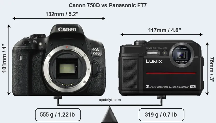 Size Canon 750D vs Panasonic FT7