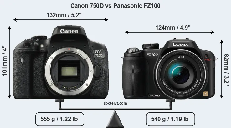 Size Canon 750D vs Panasonic FZ100