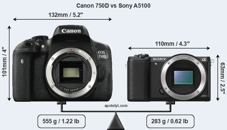 Size Canon 750D vs Sony A5100