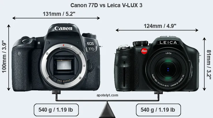 Size Canon 77D vs Leica V-LUX 3