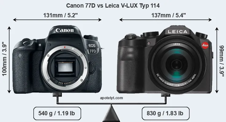 Size Canon 77D vs Leica V-LUX Typ 114